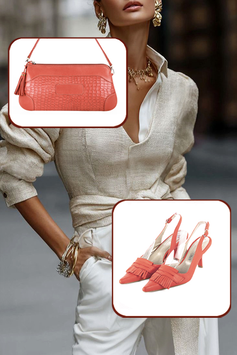 Dress slingback heels in coral leather with high spool heels and pointed toe - Top view
